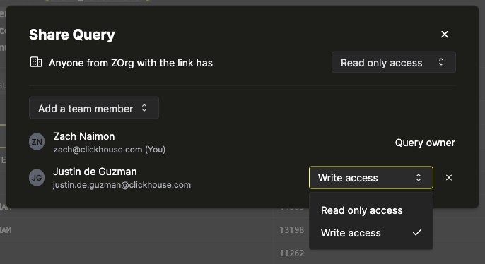 Редактирование доступа члена команды